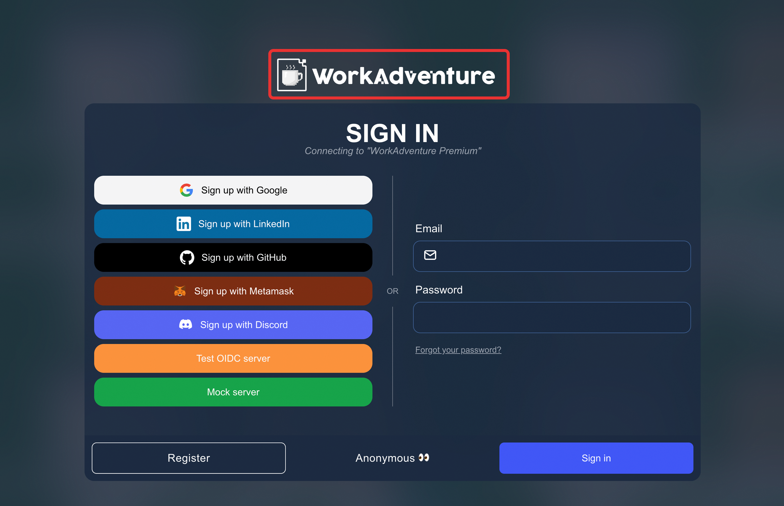 WorkAdventure logo setting in the authentication login for white label.