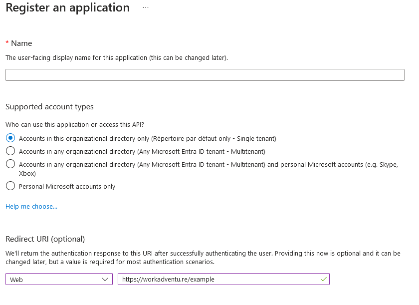 MS Azure register app form