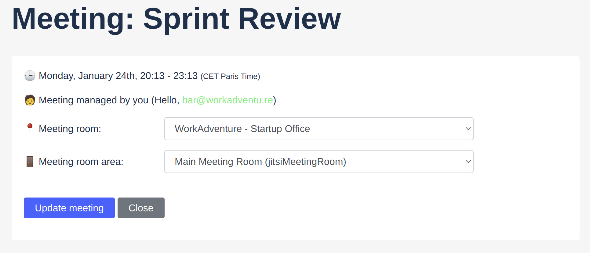 Picture to describe the web page to configure your meeting room and zone in the WorkAdventure administration console