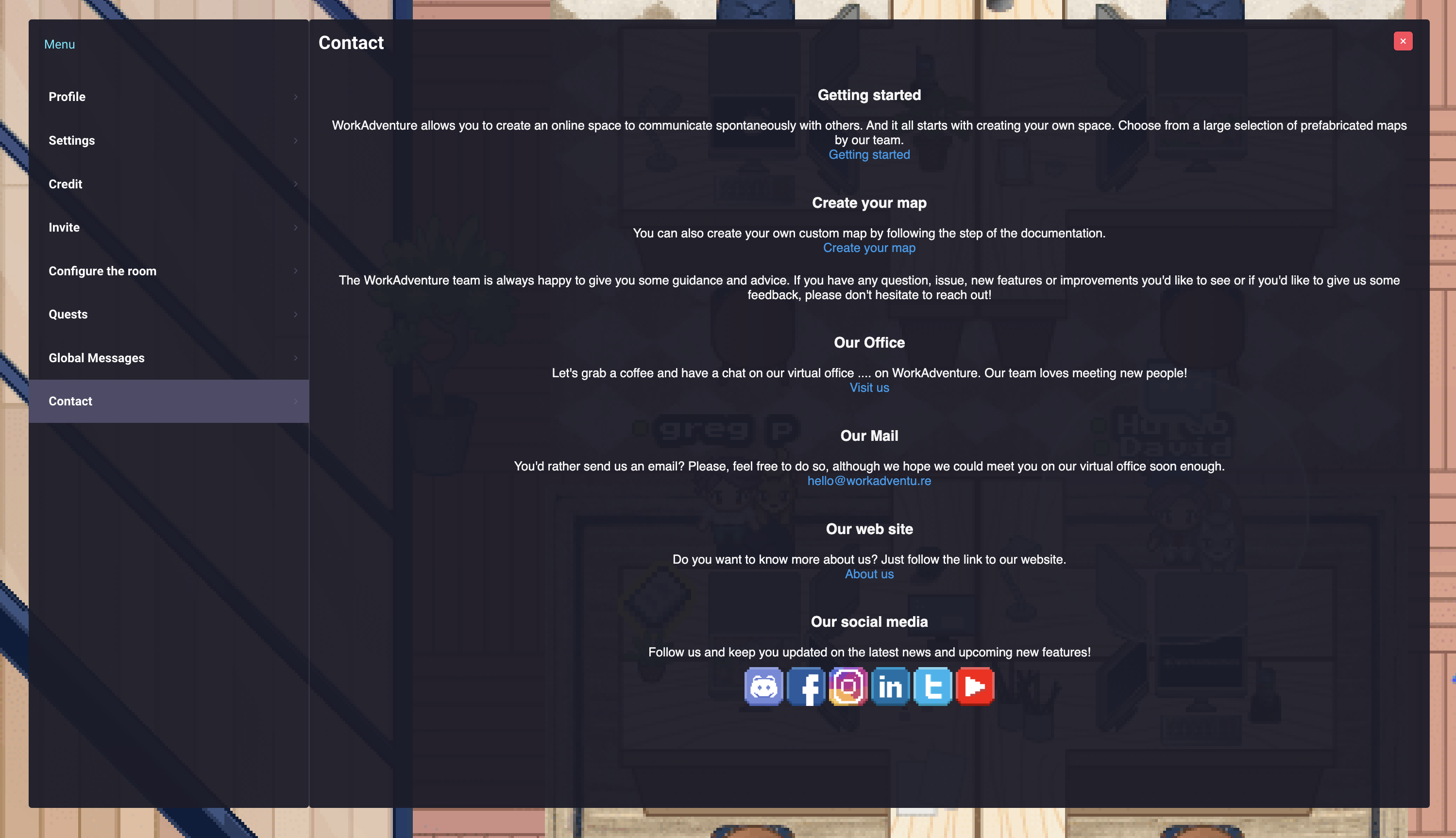 The "Contact page" section of the Menu screen