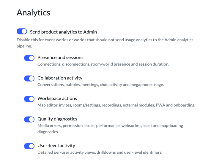The Analytics section of Edit world, with the main switch and the five categories
