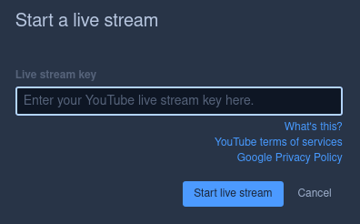 The Jitsi "Start live streaming" popup
