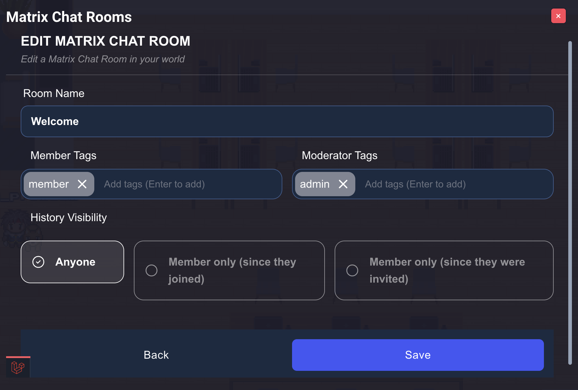 Matrix room edit form