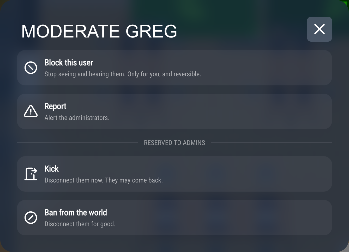 The "Moderate" popup of an administrator