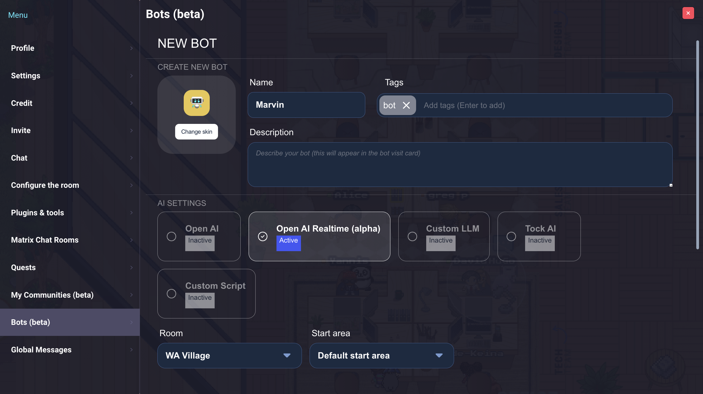 The bot creation form