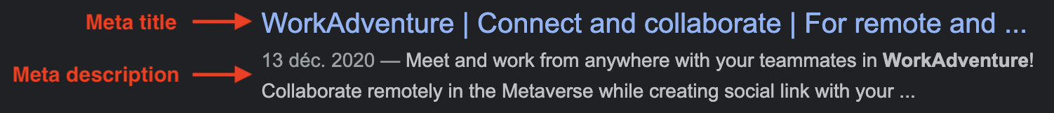 Screenshot of Google result of "WorkAdventure" - Example for meta title and description.