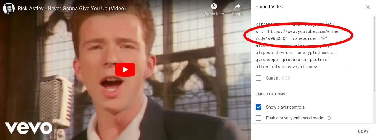 Find the URL of your video in the "embed Video" HTML snippet on Youtube